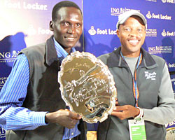 Paul Tergat and Hendrick Ramaala Hold Award at New York City Marathon Press Conference